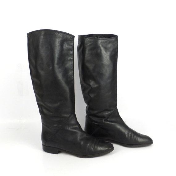 Black Leather Boots Vintage 1980s Riding Knee High Flat size