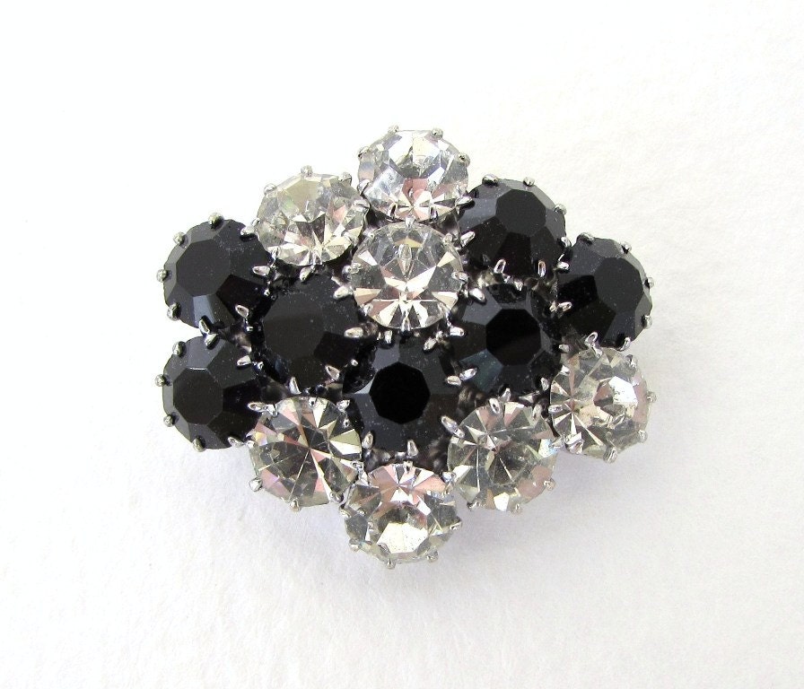 Vintage Rhinestone Buttons Crystal Clear Black Silver Metal