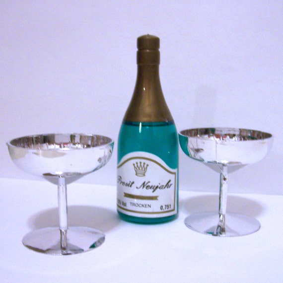 Champagne Bottle And Silver Glasses Cake Toppers Decorations