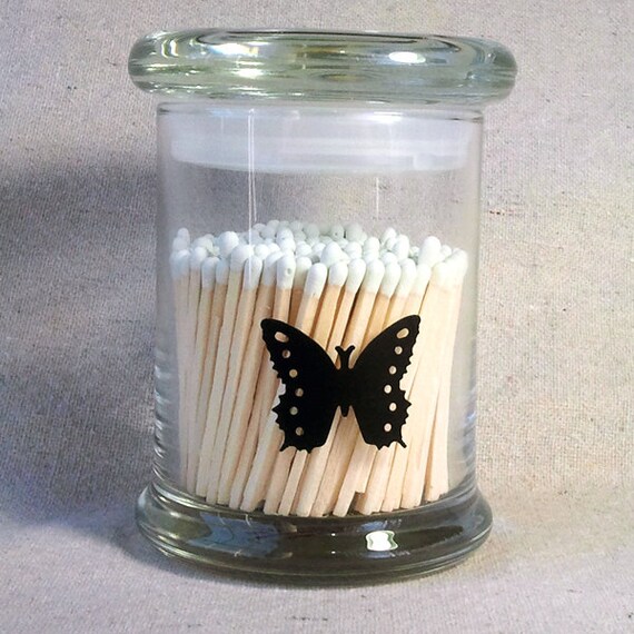 Glass Match Holder Jar Butterfly Striker