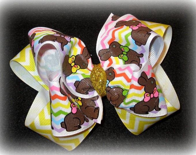 Sparkle Chocolate Bunny Chevron Double Layered Hair Bow Spikey Lush Boutique Princess Big Hairbow Glitter Spring Yellow Chocolate