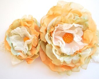 pastel orange moss green chiffon flowers, brooch, weddings accessory, bridal hair clip, bridesmaids, flower girls, bridal headpiece, autumn