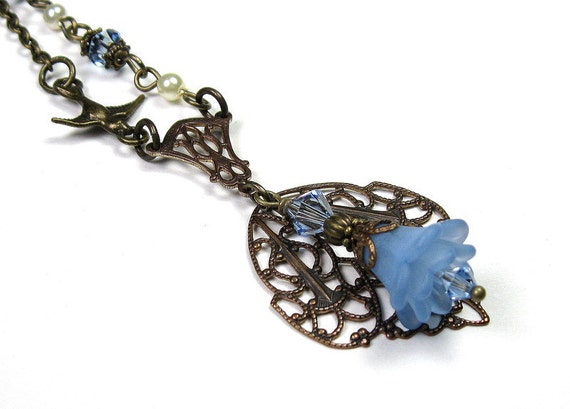 Victorian Style Necklace, Vintaj Brass, Periwinkle Blue, Swarovski Crystals, Lucite Flowers, Soft and Feminine, Womens Accessories, Filigree