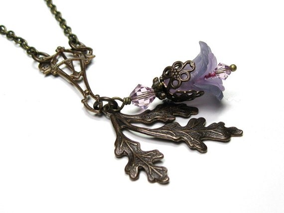 Flower Necklace, Vintaj Brass, Swarovski Crystal, Vintage Style Jewelry, Lucite, Lavender, Violet, Lilac, Pink, Teal, Woodland, Oak Frond