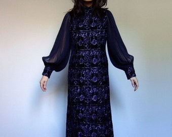 60s Sheer Accordion Sleeve Metallic Maxi Dress Navy Blue Long Party Dress - Extra Large XL