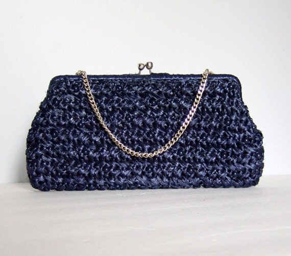 Raffia Purse Navy Blue Clutch Beaded Bag Woven by MidnightFlight