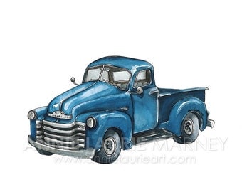 Vintage Chevy Truck - 8x10" Watercolor Print - Blue Truck