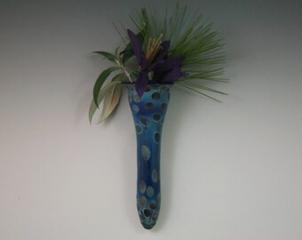 Glass Wall Vase - Hand blown Glass Wall Pocket - Lampwork Wall Planter - Boro Wall Sconce - Blue Hanging Vase