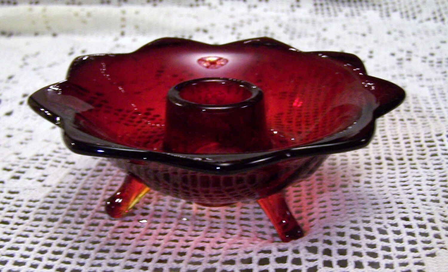 Ruby Red Fenton Glass Candle Holder 3 Footed by VintageDelights4U