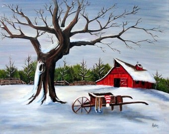 Red Barn & Wheelbarrow in Winter - Oil Painting on 16x20 Wrapped Canvas