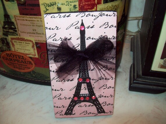 FRENCH decor pink and black EIFFEL Tower block sign PARIS