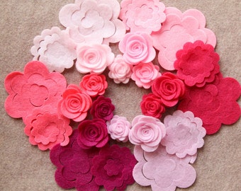 Perfectly Pink - Small & Medium 3D Rolled Roses - 24 Die Cut Felt Flowers - Unassembled Rosettes