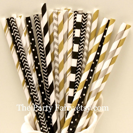 Paper Straws, Silver Gold and Black Assortment, 25 Formal Black Tie Party Straws,New Year, Business Dinner, Graduation, Wedding, NFL Saints Il_570xn