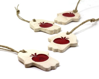 Rosh Hashanah gift Ceramic Hamsa decoration - Beautiful handmade stone look Hamsah with red pomegranate for Good Luck Rosh Hashanah gift