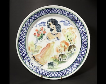 Majolica Ceramic Plate - Woman with Flowers in village - Handmade and Hand Painted by Boris Vitlin