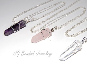 Long Crystal Necklace, Amethyst, Rose Quartz, Clear Quartz Crystal Necklace, 24 Inches