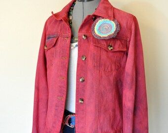 Red Medium Denim JACKET - Crimson Red Hand Dyed Upcycled Harve Bernard Denim Trucker Style Jacket - Adult Womens Medium (40" chest)