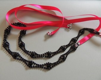 Rhinestone Crystal Scallop Headwrap rhinestone halo headband black and hot pink ribbon