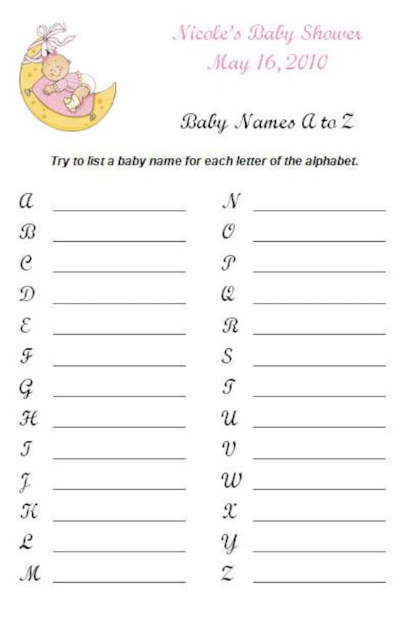 Personalized Baby Shower Game Baby Names A to Z by momof2girlz