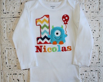 M2M Little Blue Monster Birthday Shirt OR bodysuit -Monogrammed-Your Choice of Letters or Numbers