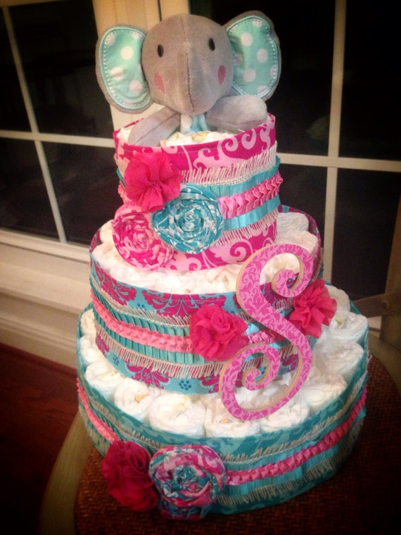 Custom Diaper Cakes Pink Turquoise Elephant