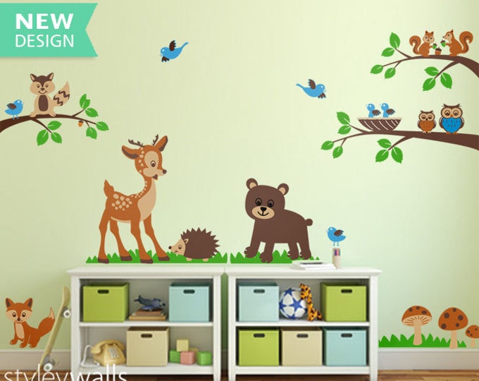 Forest Animals Wall decal Tops Woodland Critters Children Wall Art Decal Tree Nursery Baby Playroom Kids Vinyl Wall Decal Wall Sticker