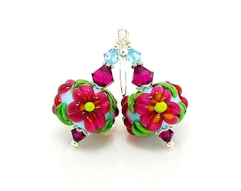 Hot Pink & Blue Earrings, Lampwork Earrings, Glass Earrings, Floral Earrings, Glass Bead Earrings, Beadwork Earrings, Lampwork Jewelry