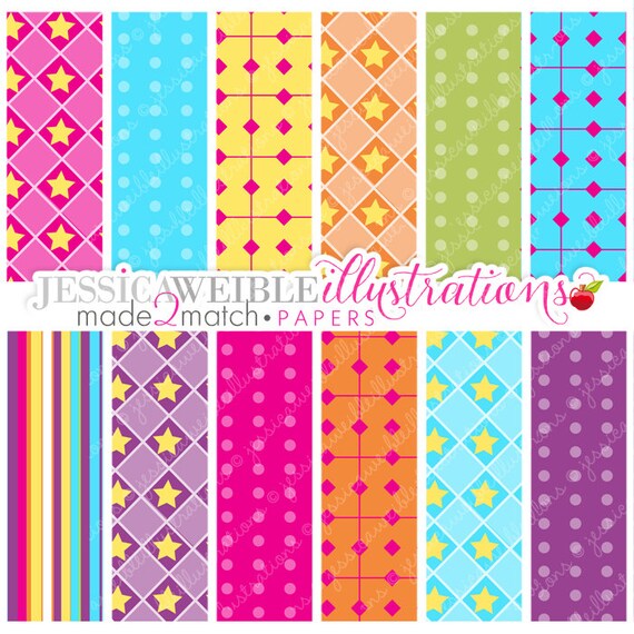 Gymnastic Stick Figures Cute Digital Papers - Commercial Use OK - Bright Neon Digital Backgrounds, Star Papers Il_570xn