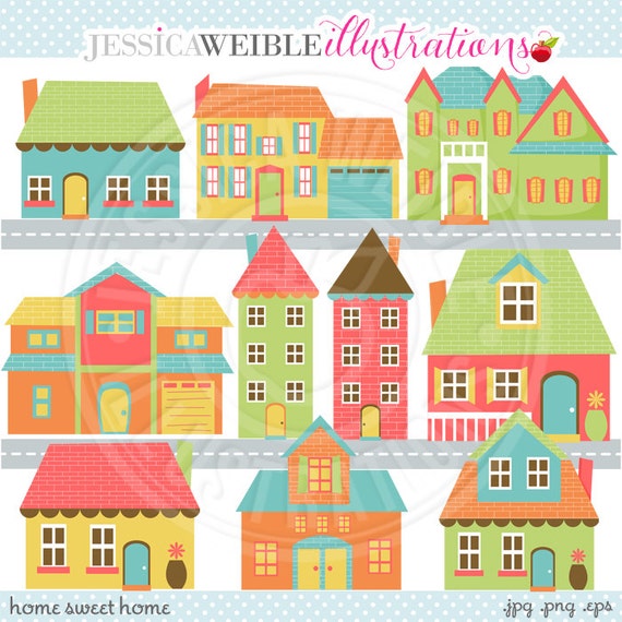 Home Sweet Home Cute Digital Clip Art - Commercial Use OK - Neighborhood Graphics, Home Clipart Il_570xn