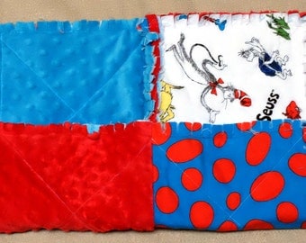 Baby Lovey - Quilted and Ragged Dr. Seuss Thing 1 & 2 Flannel with Red and Blue Dimple Minky, 15" X 15"
