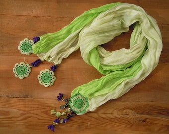 Long green scarf with crochet edging, cotton doily motif