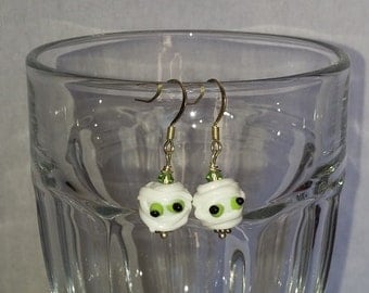 Mummy with Green Eyes Halloween Lamp Work Dangle Earrings