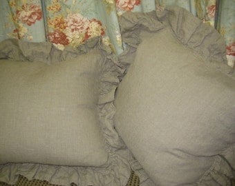 Washed Natural Flax Linen Ruffled Euro Shams-Three Ruffled Washed Linen Euro Shams-Zippered Euro Shams-Natural Flax Linen Bedding