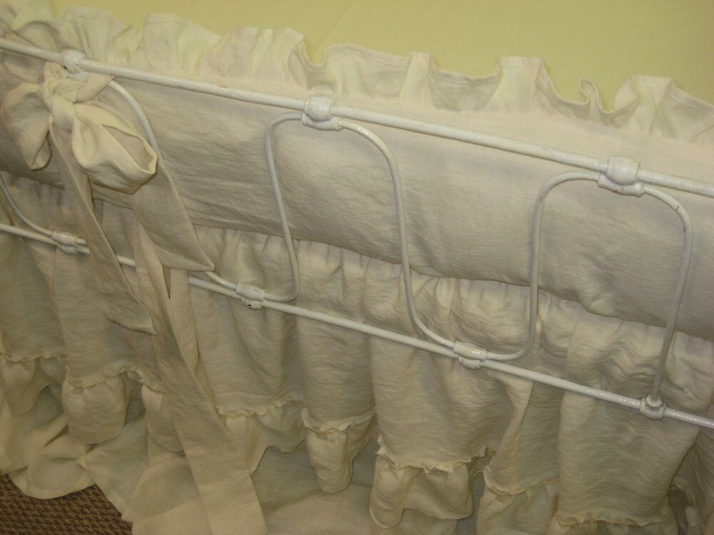 Cream Washed Linen NurseryRuffled Crib Bumpers with Sash