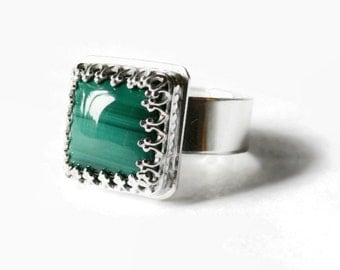 Sterling silver ring natural green stone ring silver malachite ring chunky square ring wide silver ring