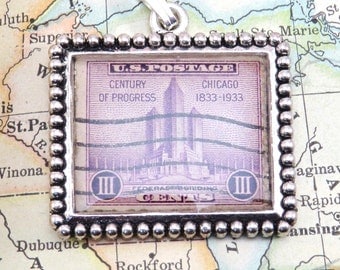 Vintage Century Of Progress 1930s United States Postage Stamp Necklace Pendant Key Ring