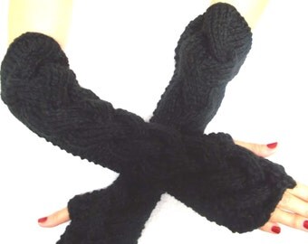 Fingerless Gloves Elbow Length Arm Warmers Black Extra Chunky Warm