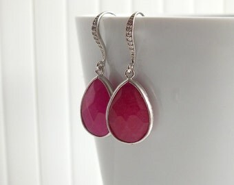 Ruby Red Quartz Earrings, Cubic Zirconia Ear wires - Also Available in Gold, Red Ruby Gold Earrings, Bridesmaid Earrings, Mom Jewelry