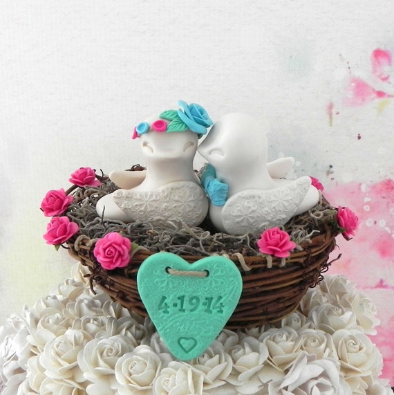 Rustic Wedding Cake Topper - Ivory, Fuchsia, Aqua and Mint Green, Love Birds in Nest - Personalized Heart, Keepsake