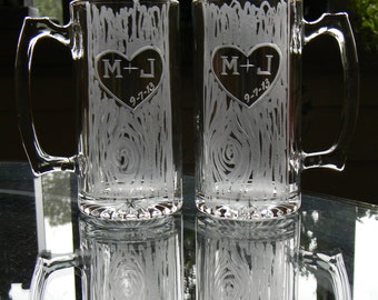 Rustic Beer Mugs Personalized with Hand Engraved Carved Tree Heart and Initials. Gift for couple. Gift for Man. Gift for Wedding.
