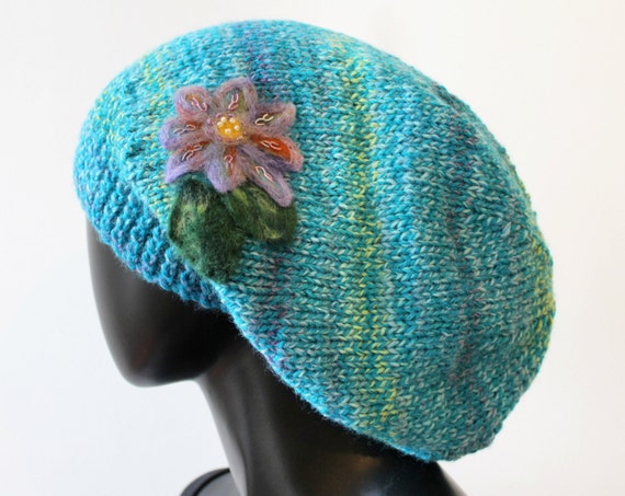 Caribbean Blue Slouch Hat - Colourful Knitted Hat made with Alpaca Blend - Turquoise Blue Slouchy Winter Hat