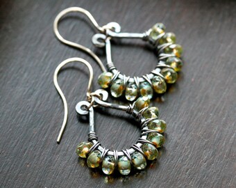 Green beaded dangle earrings, Czech glass, dark oxidized copper earrings, wire wrapped, sterling silver, drop earrings, Mimi Michele Jewelry