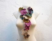 Handmade crochet Lariat Scarf  Pink Green  Brown  Flower Lariat Scarf Colorful Variegated Long Necklace Winter Fashion