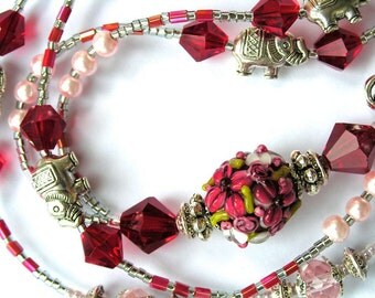 Beaded Lanyard BreakAway Lanyard Summer in Siam ID Badge Holder Dark Red elephant flower floral teacher lariat