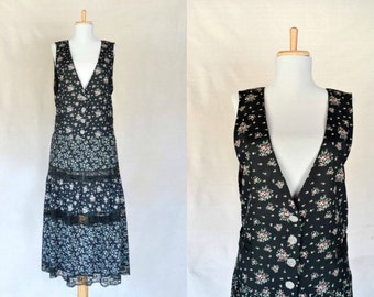 80s 90s floral jumper dress / lace cutout / size 12 / medium