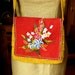 Handmade Crocheted Purse, Mustard Yellow Flax Yarn, Red Linen Embroidered Floral Flap with Crocheted Edge, Leather Lined Crocheted Strap