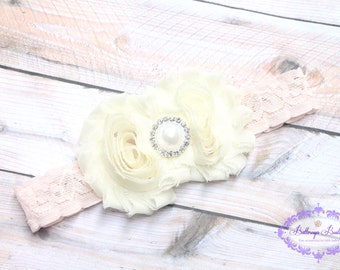 Pink and ivory baby headband, ivory light pink headband, newborn headband, infant headband, shabby flower headband, toddler headband