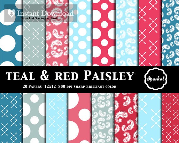 Teal Paisley DIGITAL Paper, Preppy Teal Blue PRINTABLE Paper, Polka Dot Digital Paper, paisley paper, Instant Download Il_570xn