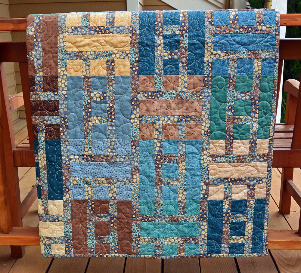 Handmade Modern Quilt in Blues and Browns