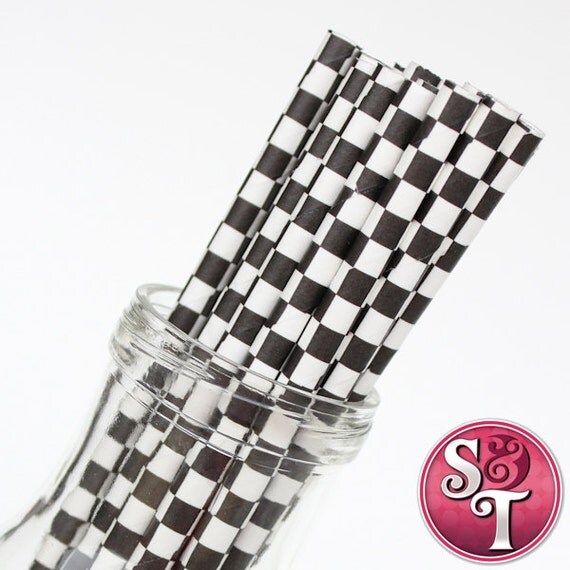 Checkered Black Party Paper Straws - Cake Pop Sticks - Pixie Sticks - Qty 25 Il_570xn